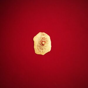 Pezón dorado, broche. Bronce con baño de oro de 18kt. Medidas aprox. 5x3,7cm, Peso 13g.