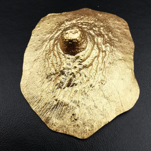 Pezón dorado, broche. Bronce con baño de oro de 18kt. Medidas aprox. 5x3,7cm, Peso 13g.